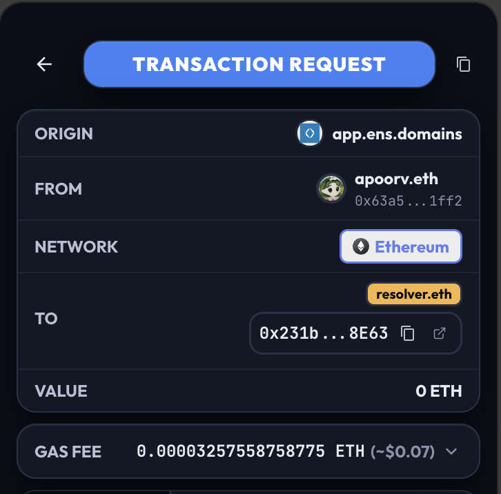 WalletChan displaying a smart contract ENS name next to its address during interaction